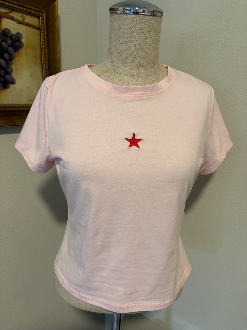 Pink Short Sleeve Tee with Red Star Accent - Women's Top Size S